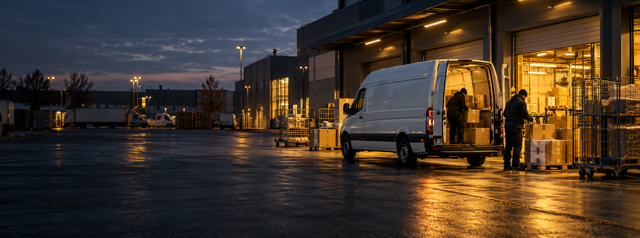 Logistikzentrum mit Lieferfahrzeug bei Abendlicht